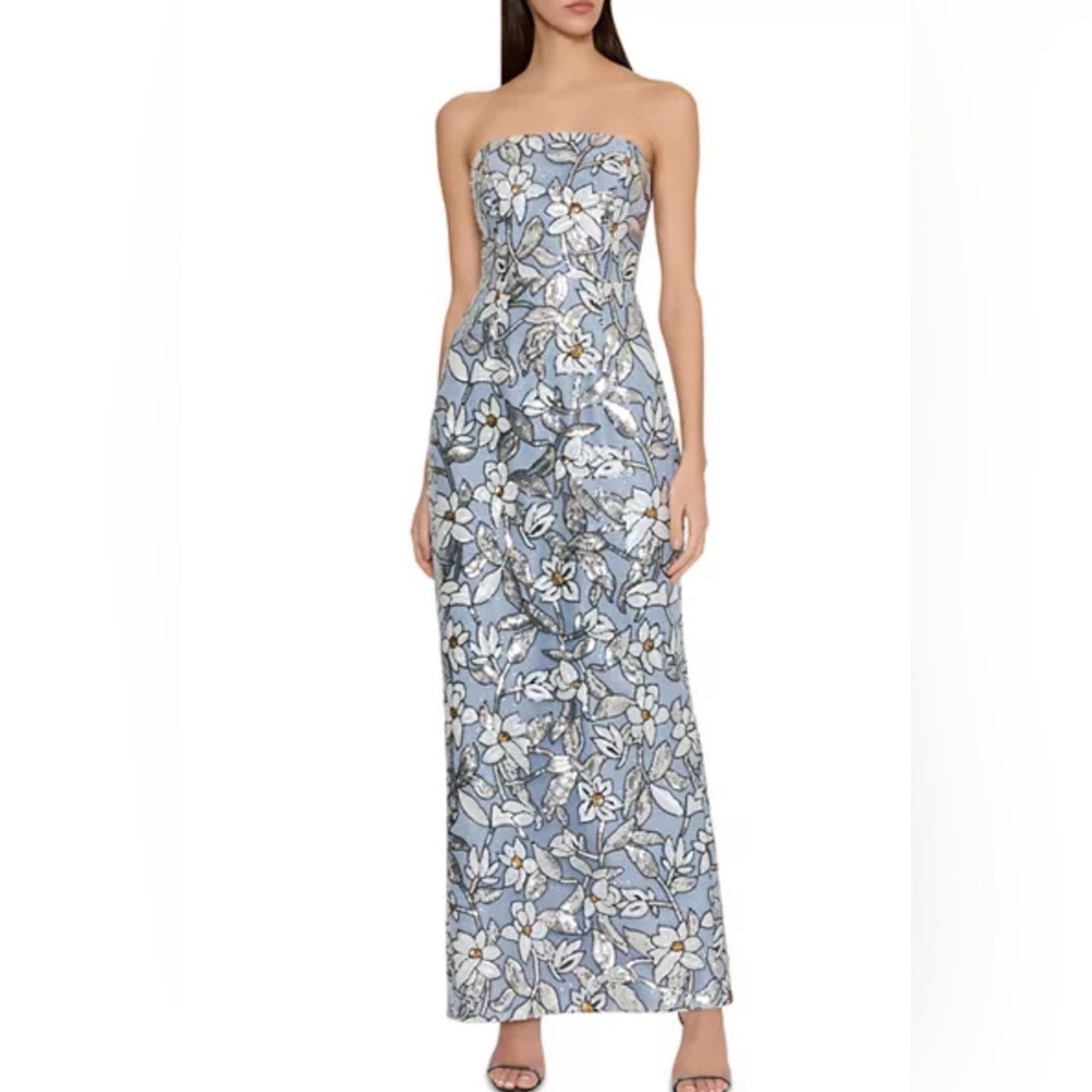 Milly Strapless Floral Jacquard Gown in Light Blue and White with Gold Accents
